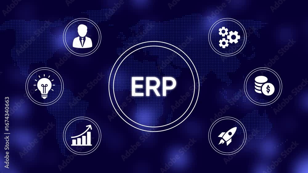 Aufkleber global erp system concept with icons of business management and operations on a world map background