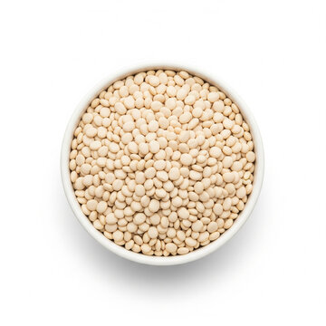 Top view of white urad dal in white ceramic bowl fully filled isolated on white background