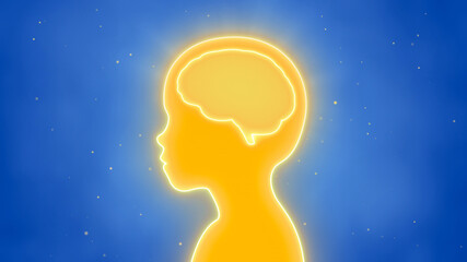 Kid with blank glowing neon brain background, children study idea concept, Intelligence and creativity learning in smart education, Critical thinking process, empty child head for design illustration