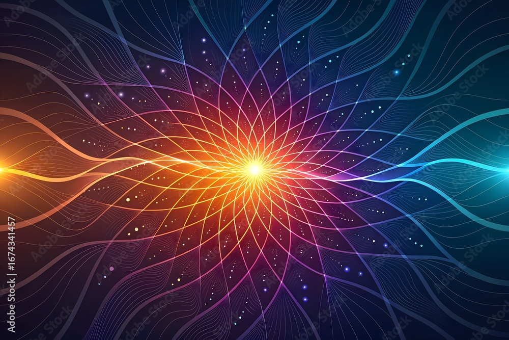 Poster abstract geometric fractal pattern with glowing oranges and blues emanating from center symmetrical