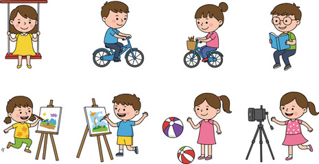 Cute cartoon kids activity vector set with playing ball, cycling, reading book, painting, swing, photography, children lifestyle illustration