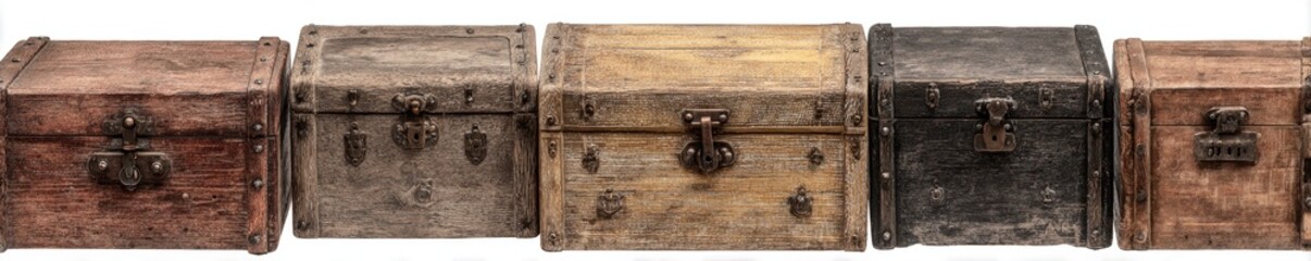 Five weathered wooden chests, various shades of brown and grey, with metal clasps
