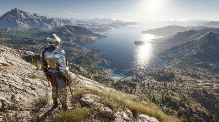 Fototapeta premium Knight watching mountain valley view