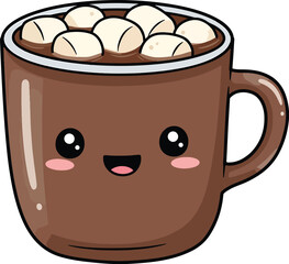 A cute cartoon mug filled with hot chocolate and marshmallows with a smiling face on a white background