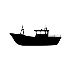 Silhouette of a fishing boat against a white background, nautical theme