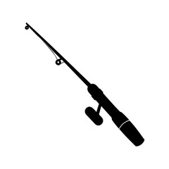 Black silhouette of fishing rod with reel angling equipment on white background