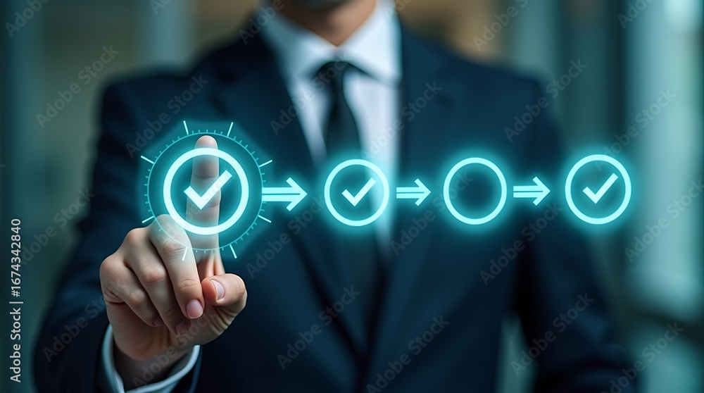 Aufkleber businessman-touches-center-digital-bar-with-glowing-checkmarks-series-checklist-task-progress-tracki
