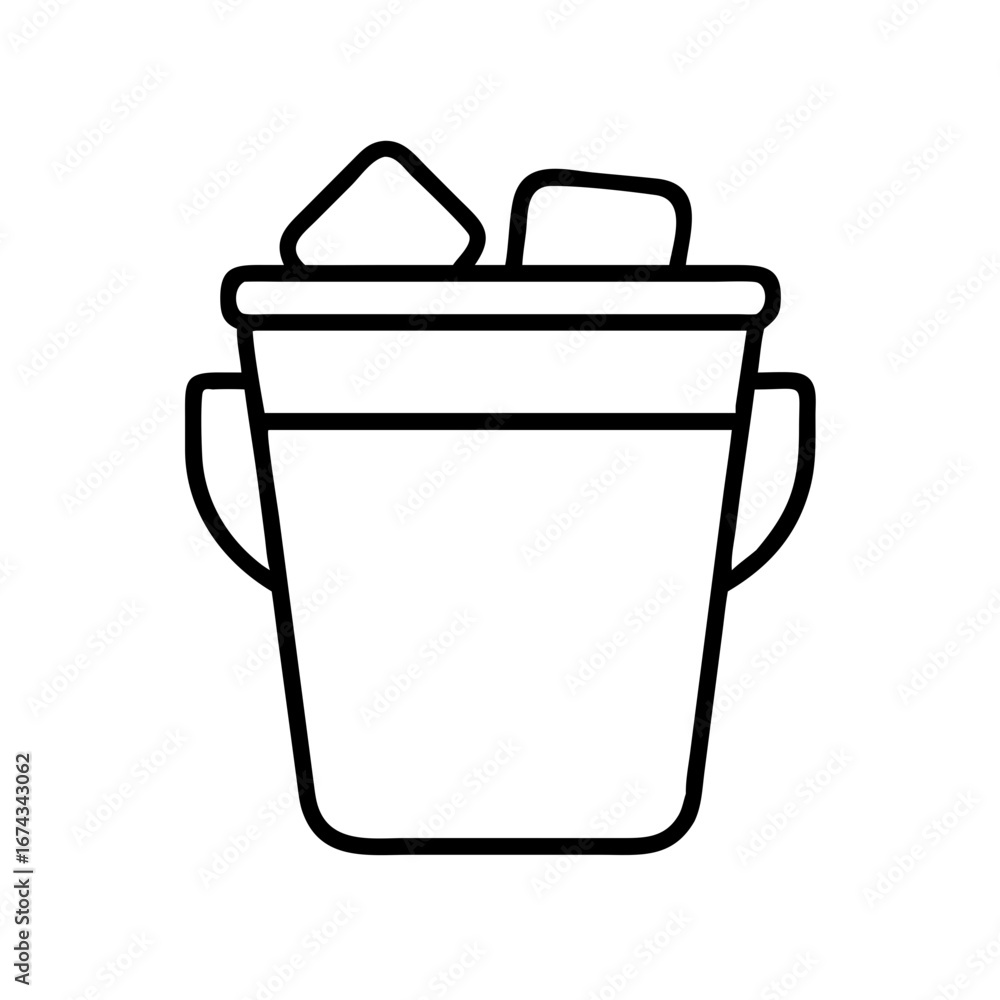 Poster ice bucket vector illustration: outline drawing of ice container with ice cubes for summer drinks an
