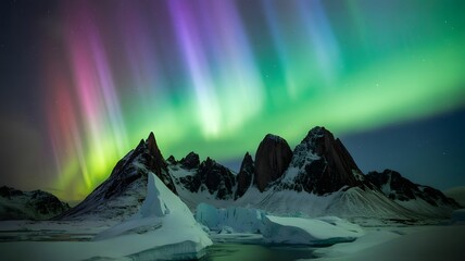 Vibrant aurora borealis dances above jagged snow covered mountains in arctic night sky