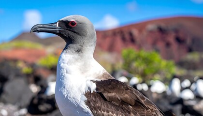 Galapagos petrel with volcanic island.