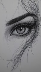 Fototapeta premium Detailed Line Art Beautiful Woman's Eye with Eyelashes and Hair Drawing
