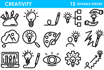 Creativity line editable icon set. Containing idea bulb, pencil, palette, design tools, imagination, brainstorming, innovation, and more. Editable stroke vector illustration.