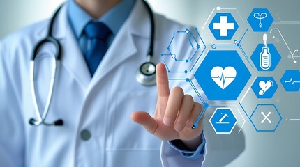 Doctor interacting with medical icons and data visualization