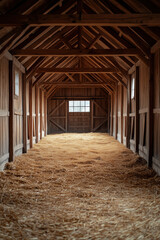 Empty farmhouse barn with wooden beams and straw on the floor, clean and natural interior view.