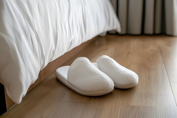 Soft white slippers placed neatly beside hotel bed on wooden floor, minimalistic clean style. Ideal for advertising the hotel business and presenting it on the website