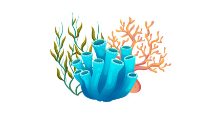 PNG Cartoon underwater sea landscape constructor with fishes and ocean animals, vector undersea world. Underwater coral reef characters of octopus with turtle,