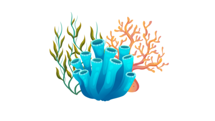 PNG Cartoon underwater sea landscape constructor with fishes and ocean animals, vector undersea world. Underwater coral reef characters of octopus with turtle,