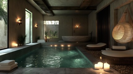 Relaxing spa area inside a hotel with candles, soft lighting and a peaceful pool. Perfect for wellness, lifestyle and tourism promotion.