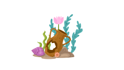 PNG Cartoon underwater sea landscape constructor with fishes and ocean animals, vector undersea world. Underwater coral reef characters of octopus with turtle,