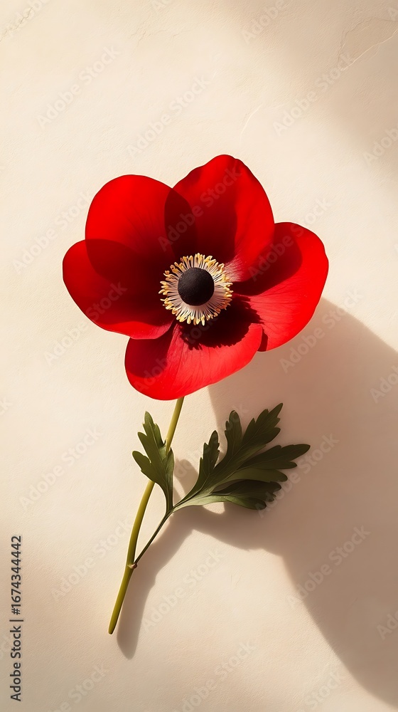 Poster beige background with a single red anemone flower centered, soft shadow beneath