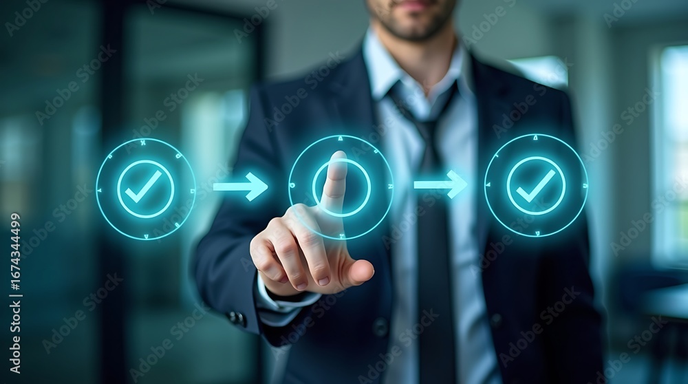 Poster businessman touches digital bar with glowing checkmarks – task progress and checklist tracking