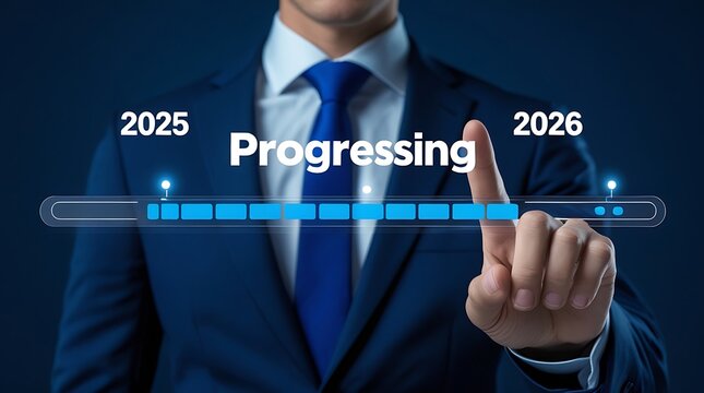 Businessman in Suit Using Futuristic Digital Progress Bar Interface Technology