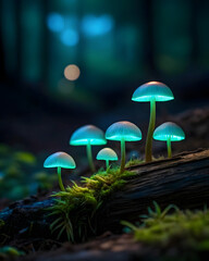 Fototapeta premium Enchanting glowing mushrooms on mossy log illuminate the mystical forest floor at twilight hour
