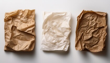 three crumpled paper sheets are arranged on a plain white background each sheet has a distinct texture and tone giving an aged rustic feel that highlights the natural fibers and creases