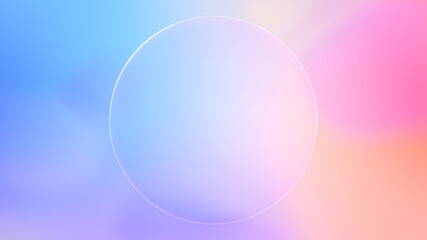 Beautiful transparent circle glass frame background, realistic blank liquid glassmorphism user interface, abstract empty frosted plate on pink colorful gradient, blur UI display design illustration