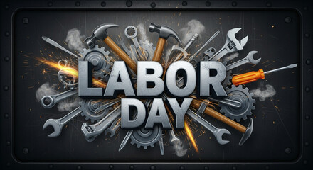 Typography-only design with animated tools around text “Labor Day”.