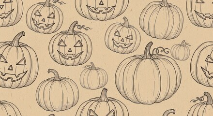 Halloween Pumpkin Seamless Pattern Engraving Style, Spooky Jack-o'-Lantern Background