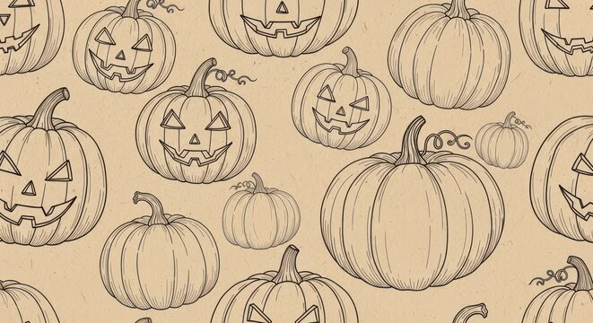 Halloween Pumpkin Seamless Pattern Engraving Style, Spooky Jack-o'-Lantern Background
