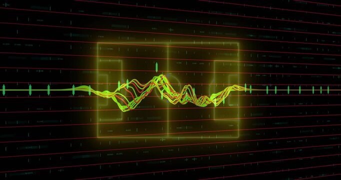 Opening grid activating neon waveform oscillating glowing frame, strands layering, settling readout