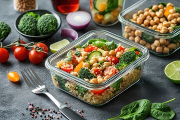 Healthy lunch containers with quinoa, chickpeas, & veggies