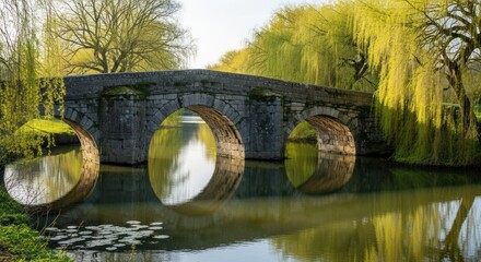 Fototapeta premium Serene Stone Bridge Reflecting in Calm River with Weeping Willows, Portugal