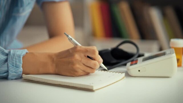 A person jotting down health measurements from a blood pressure monitor on a notepad. This activity takes place in a relaxed indoor environment. The focus emphasizes health awareness