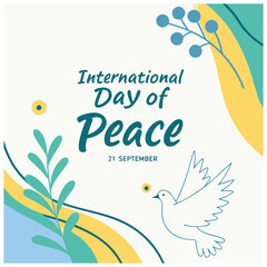 International Day of Peace graphic with a flying dove, floral elements, and abstract waves in blue, yellow, and green.