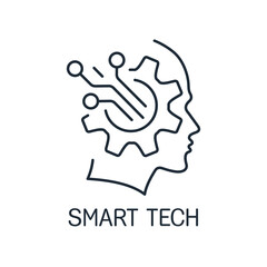 Digital Human technology. Head tech. Web services and mobile smart app.Vector linear icon isolated on white background.