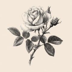 Detailed pencil sketch of a single rose and bud