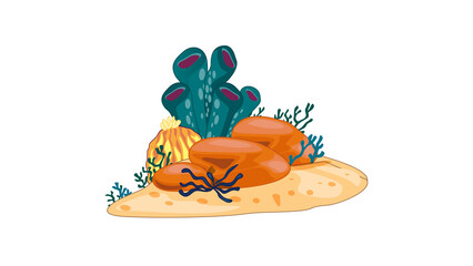 PNG Cartoon underwater sea landscape constructor with fishes and ocean animals, vector undersea world. Underwater coral reef characters of octopus with turtle,