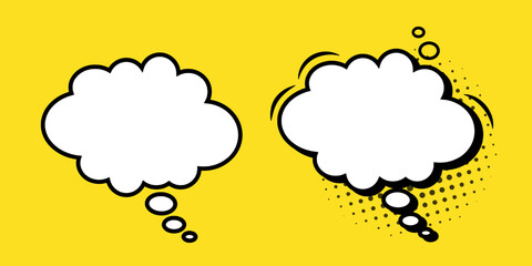 A set of retro comic book style speech bubbles on a yellow background. Speech bubbles in the shape of clouds or elements of cartoon design, comics. Vector illustration.