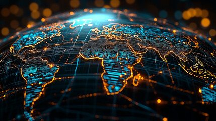 A futuristic digital globe displays a glowing world map with interconnected blue and orange data lines representing global communication networks.