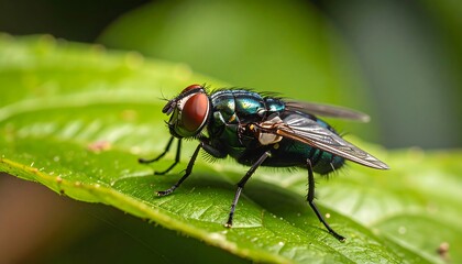 Naklejka premium Close-up of a metallic blue-green fly perched on a vibrant green leaf, with a blurred natural background