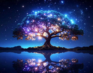 Luminous tree night sky reflection