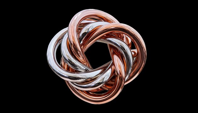 intricate metallic knot sculpture with interwoven strands of silver and copper a complex abstract form isolated on transparent background