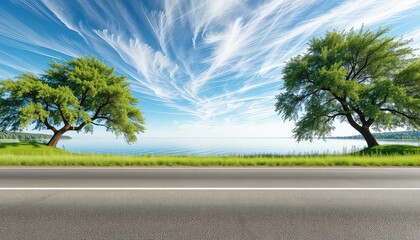 Scenic Route Overlooking Serene Waters with Lush Green Trees and a Dramatic Sky, Ideal for Relaxation and Exploration