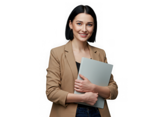 Young businesswoman holding documents isolated on transparent background