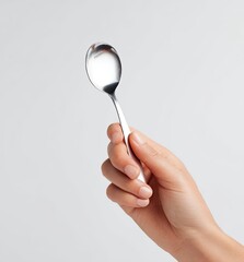 A hand holds a shiny, stainless steel teaspoon against a light gray background