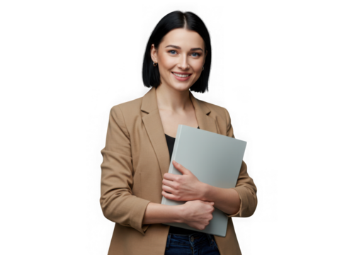 Young businesswoman holding documents isolated on transparent background