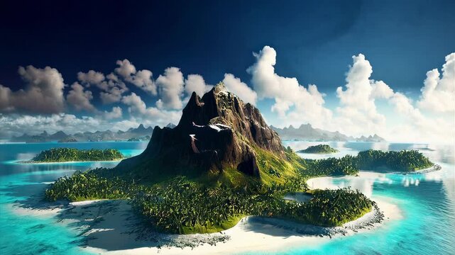 Bora Bora Aerial view. Tahiti, French Polynesia. White Sandy Beach and Mountain. Palm Trees and Blue Lagoon. Crane shot.